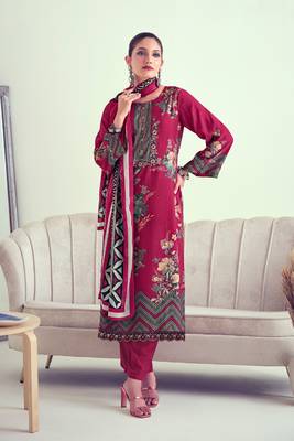 Maroon Embroidered Muslin  Straight Suit Free size full stitched Up To 42" Size 1