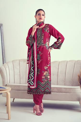 Maroon Embroidered Muslin  Straight Suit Free size full stitched Up To 42" Size