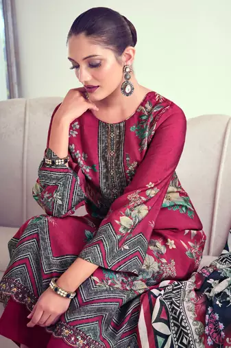 Maroon Embroidered Muslin  Straight Suit Free size full stitched Up To 42" Size