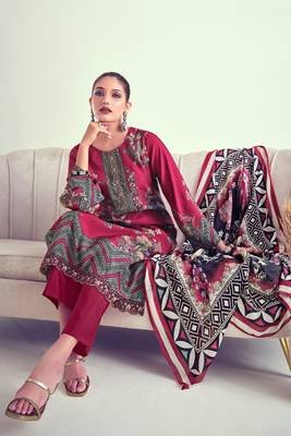 Maroon Embroidered Muslin  Straight Suit Free size full stitched Up To 42" Size 3