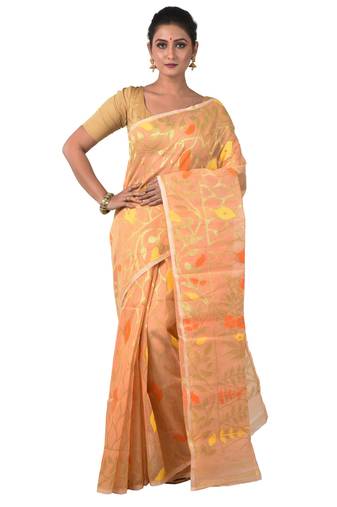 Aishani Collection Woven Cotton Silk Dhakai Jamdani Traditional Saree (Peach, Orange)