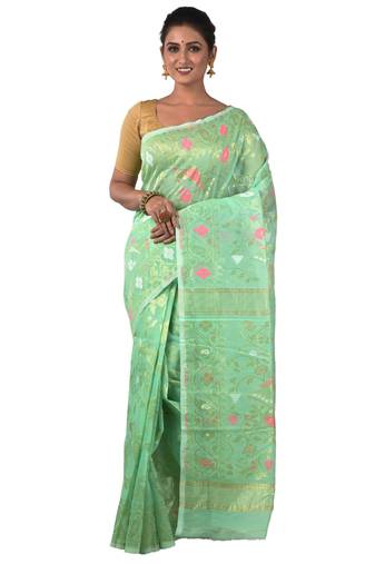 Aishani Collection Woven Cotton Silk Dhakai Jamdani Traditional Saree(Light Green)
