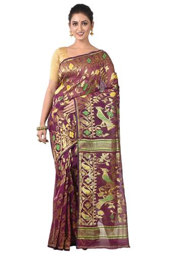 Aishani Collection Woven Cotton Silk Dhakai Jamdani Traditional Saree (Maroon)
