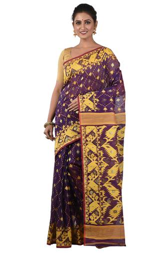 Aishani Collection Woven Cotton Silk Saree with bp (Violet, Yellow)