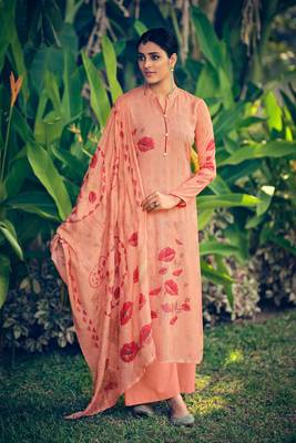 Peach Embroidered Muslin  Straight Suit Free size full stitched Up To 42" Size 1