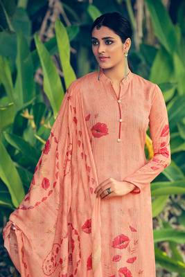 Peach Embroidered Muslin  Straight Suit Free size full stitched Up To 42" Size 2