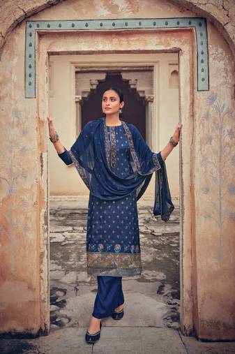 Blue Embroidered Jacquard Silk  Straight Suit Free size full stitched Up To 42" Size