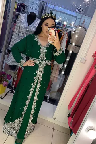 Green Handcrafted Zari work Stitched Georgette Kaftan Party Dress