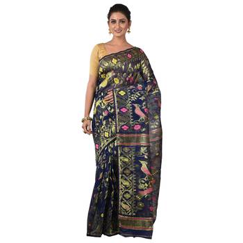 Aishani Collection Woven Cotton Silk Dhakai Jamdani Traditional Saree (Navy Blue) 1