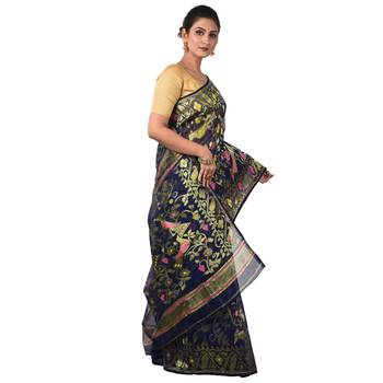 Aishani Collection Woven Cotton Silk Dhakai Jamdani Traditional Saree (Navy Blue) 2