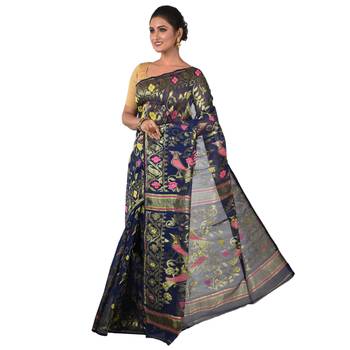 Aishani Collection Woven Cotton Silk Dhakai Jamdani Traditional Saree (Navy Blue) 3