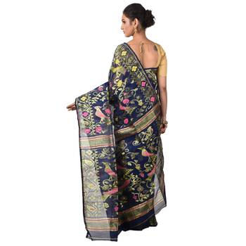 Aishani Collection Woven Cotton Silk Dhakai Jamdani Traditional Saree (Navy Blue) 4