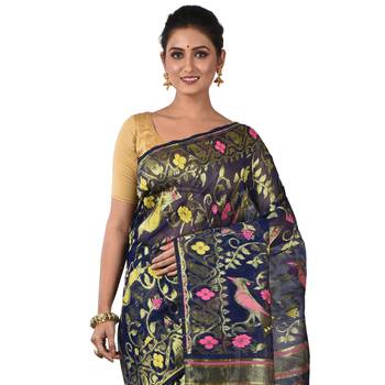 Aishani Collection Woven Cotton Silk Dhakai Jamdani Traditional Saree (Navy Blue) 5