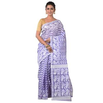 Aishani Collection Woven Cotton Silk Dhakai Jamdani Traditional Saree (Purple, White) 1