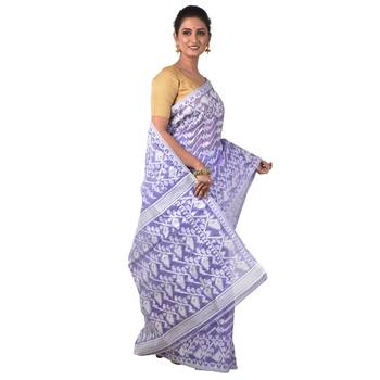 Aishani Collection Woven Cotton Silk Dhakai Jamdani Traditional Saree (Purple, White) 2