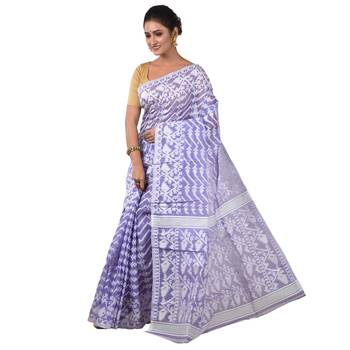 Aishani Collection Woven Cotton Silk Dhakai Jamdani Traditional Saree (Purple, White) 3