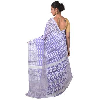 Aishani Collection Woven Cotton Silk Dhakai Jamdani Traditional Saree (Purple, White) 4