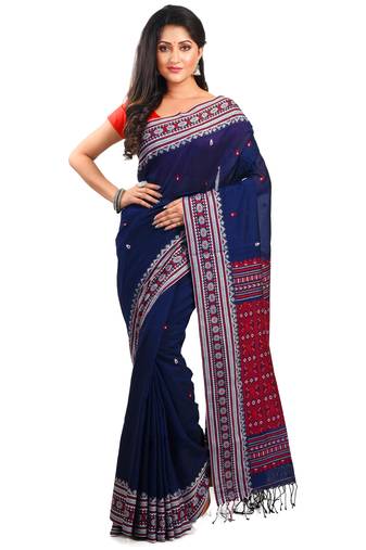 Aishani Collection Woven Mercerised Cotton Assam Khaddi Handloom Saree with bp (Red, Blue)