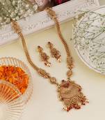 Mansiyaorange antique gold floral design red kempu stone long jewellery sets for women