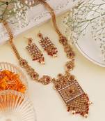 Mansiyaorange antique gold floral design red kempu stone long jewellery sets for women