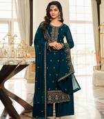 Teal Blue Embroidered Georgette Semi Stitched Straighti Suit Up To 42" Size
