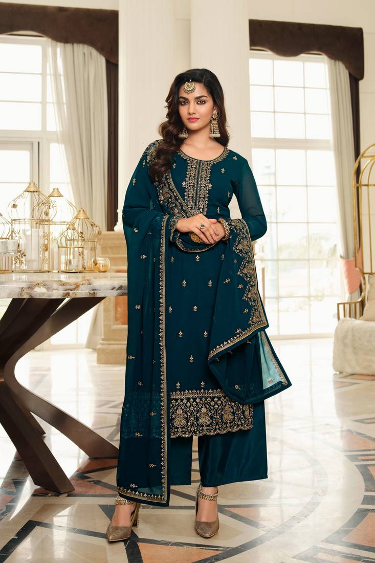 Teal Blue Embroidered Georgette Semi Stitched Straighti Suit Up To 42" Size
