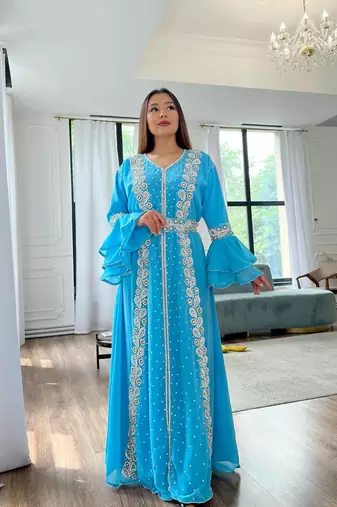 Firozi Handcrafted Zari work Stitched Georgette Kaftan Party Dress