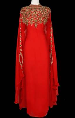 Red Georgette Beaded Kaftan  1