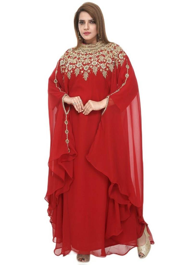 Red Georgette Beaded Kaftan 