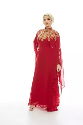 Red Georgette Beaded Kaftan 