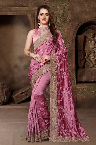 Pink Resham Zari Stone Embroidery Silk Saree