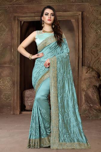 Sky Blue Resham Zari Stone Embroidery Silk Saree
