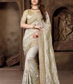 Beige Resham Zari Stone Embroidery Silk Saree