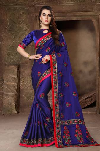 Blue Resham Zari Stone Embroidery Silk Saree