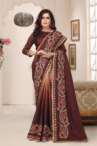 Brown Zari Resham Hand Work Embroidery Silk Saree