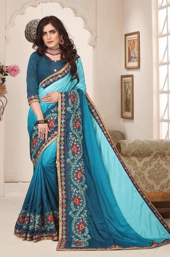 Blue Resham Zari Hand Work Embroidery Silk Saree