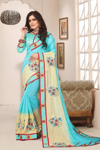 Sky Blue Yellow Resham Zari Embroidery Silk Saree