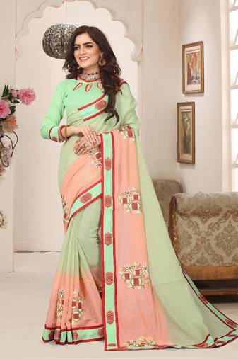 Green Peach Resham Zari Hand Embroidery Silk Saree