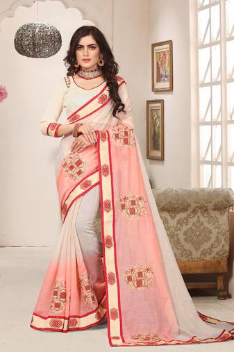 Cream Peach Resham Zari Embroidery Silk Saree