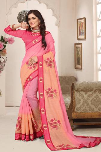 Pink Peach Resham Zari Embroidery Silk Saree