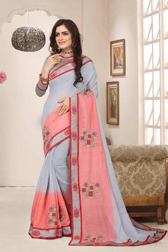 Grey Pink Resham Zari Embroidery Silk Saree