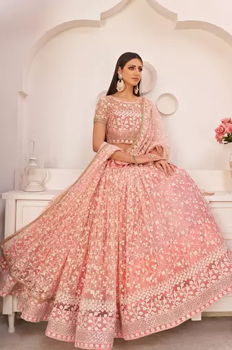 Ravishing Light Pink Thread Net Festive Wear Lehenga Choli