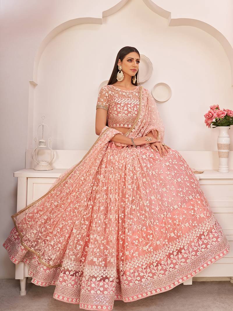 Ravishing Light Pink Thread Net Festive Wear Lehenga Choli