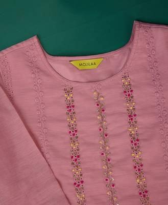  peach chanderi silk bored schiffli embroidered chikankari kurta with pant & dupatta 5