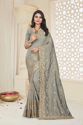 Grey Heavy Zari Badla Embroidery Silk Saree