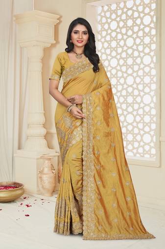 Mustard Heavy Zari Badla Embroidery Silk Saree
