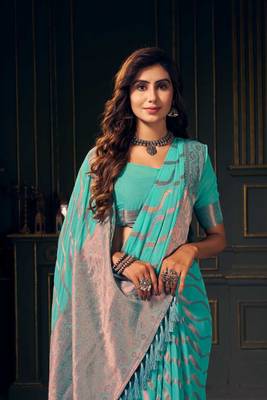 Aqua Georgette & Pink Zari Saree 1