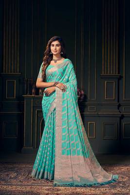 Aqua Georgette & Pink Zari Saree 3