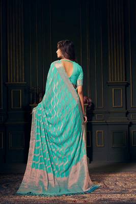 Aqua Georgette & Pink Zari Saree 4