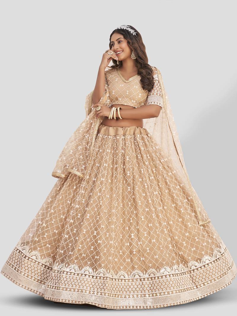 Fabulous Beige Thread Embroidery Net Wedding wear Lehenga Choli